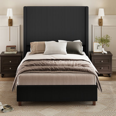 Corduroy Upholstered King Size Bed Frame With Wingback Headboard