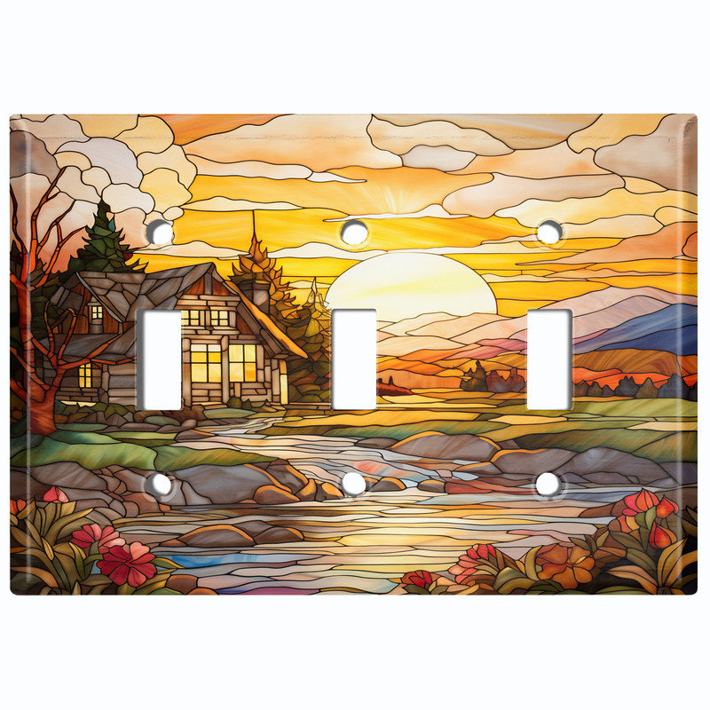 Couvercle de plaque d'interrupteur en métal; Format standard américain - Image imprimée du vitrail de ferme Homestead Sunset