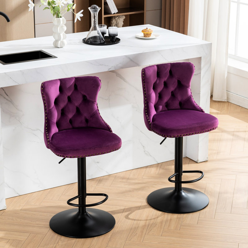 Velours mauve avec siège réglable de 25 à 33 po, base de 17,7 po, détails décoratifs faits à la main, de 2 pour la maison et le pub, dossier confortable,