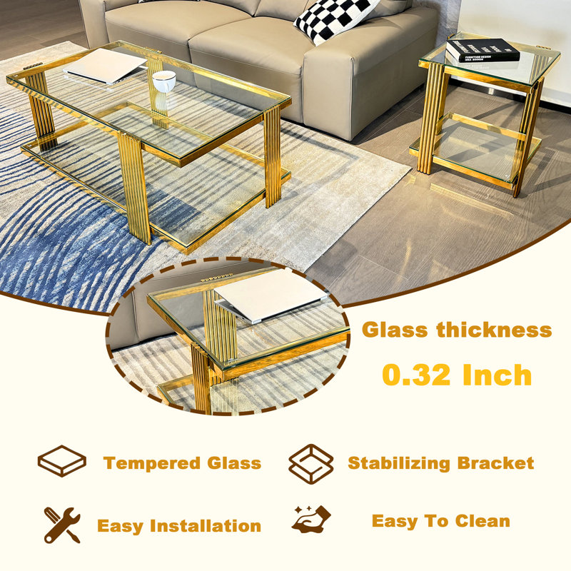 Clate Glass Top Single Coffee Table, Clear , Gold