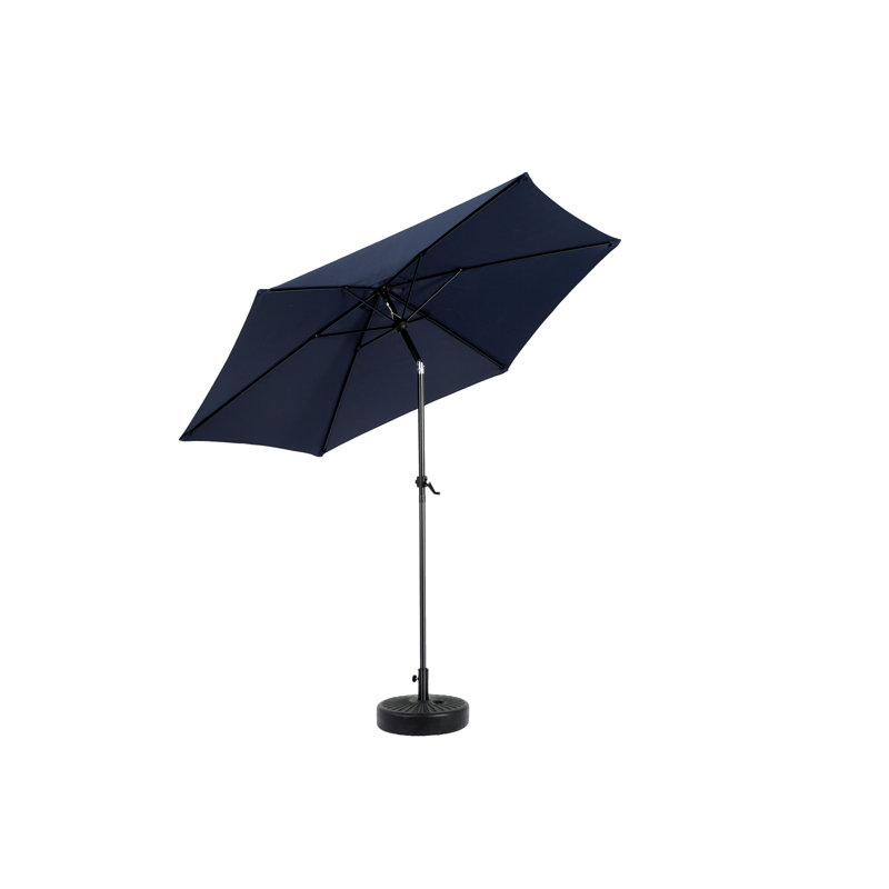 Parasol d'extérieur 9 pi - Bleu marine. Robuste et solide. Idéal pour la cour, la piscine ou la pelouse. Auvent 100%. Facile à utiliser avec le bouton inclinable à manivelle de patio bleu marine. Matériau. 6 baleines Pour terrasse. Fonctionnement