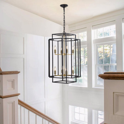 Lustre - Luminaire suspendu géométrique à finition dorée de style moderne à 8 lumières de 18 po, structure en métal de style industriel, avec fonction d'éclairage suspendue réglable