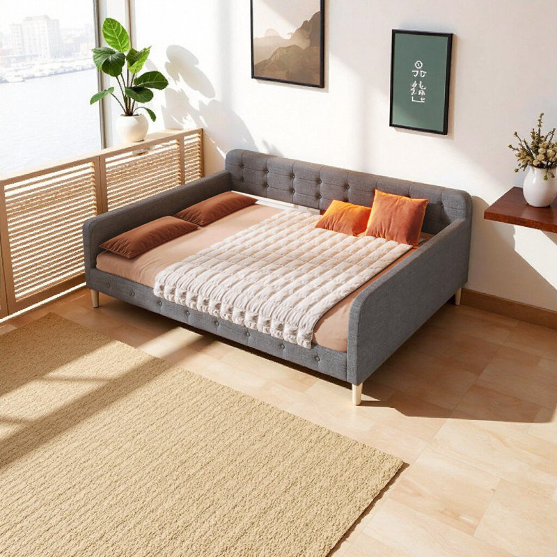 Modern Queen Upholstered Daybed with Support Legs in Gray - Convertible Sofa Sleeper, Gray