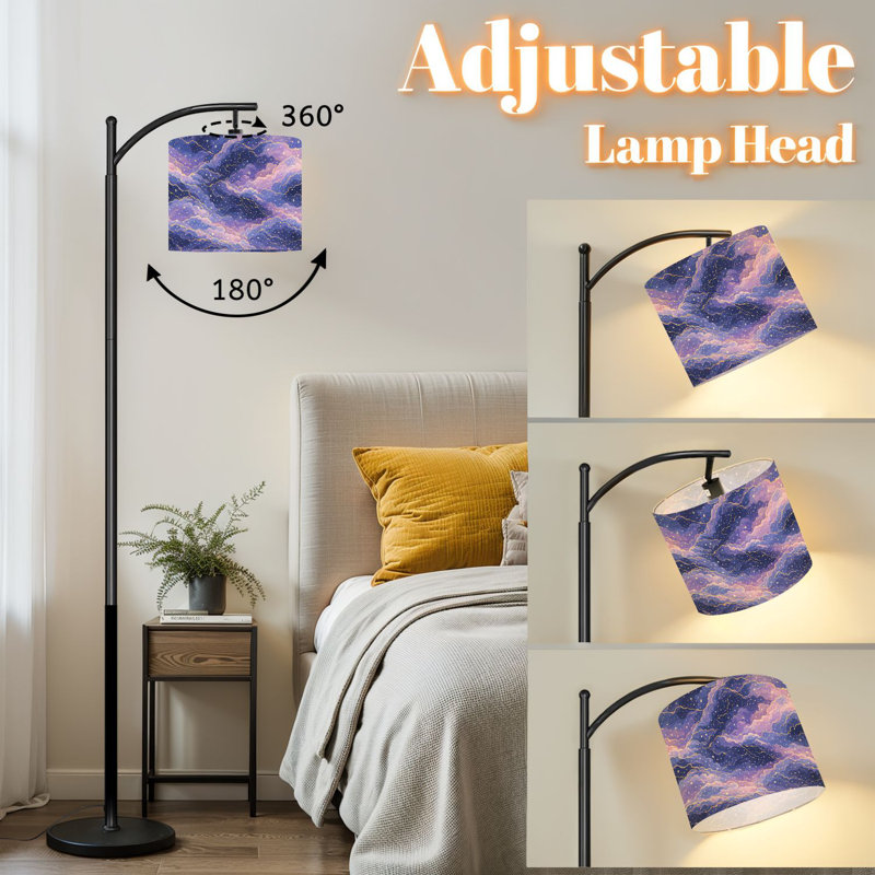 Arc Floor Lamp with Adjustable Lampshade Cosmic Clouds Golden Purple Nebulae Standing Lamp 3 Color Temperatures Dimmable Tall Pole Lamp with Foot Switch for Bedroom