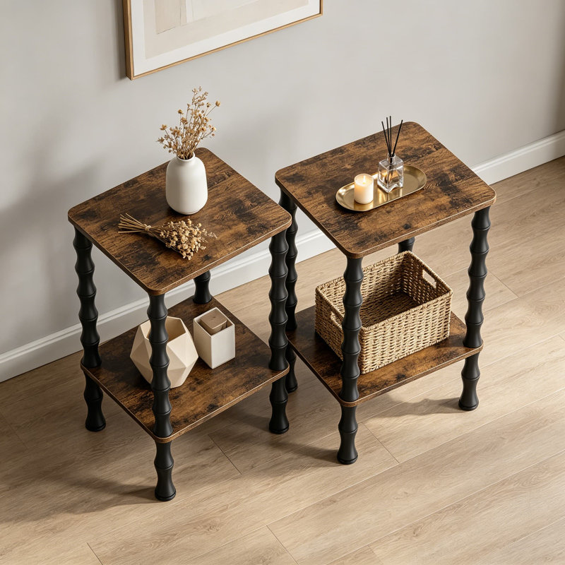 Set of 2 Vintage Small Side Tables, 21.9 Inch Narrow End Table with Storage Shelf, 2-Tier Wood Nightstand, Space-Saving Corner Table for Living Room, Bedroom, and Small Spaces