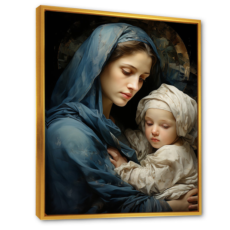 Madone et enfant, art chrétien - art mural Christianisme, Cadre flottant doré, H 32 po x l 16 po