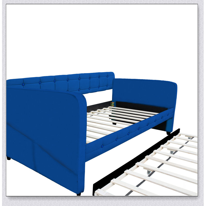 Lit de jour bleu rembourré avec couchette, tissu en velours
