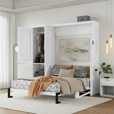 Grand lit escamotable en bois avec garde-robe, lit escamotable mural peu encombrant avec bureau, vérins à gaz, station de charge, blanc