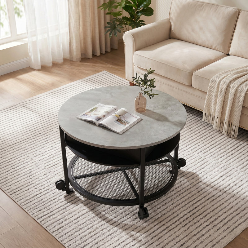 Lift Top Round Coffee Table with RGB LED Lights, Rolling Storage Table with Lockable Casters for Living Room, Gray