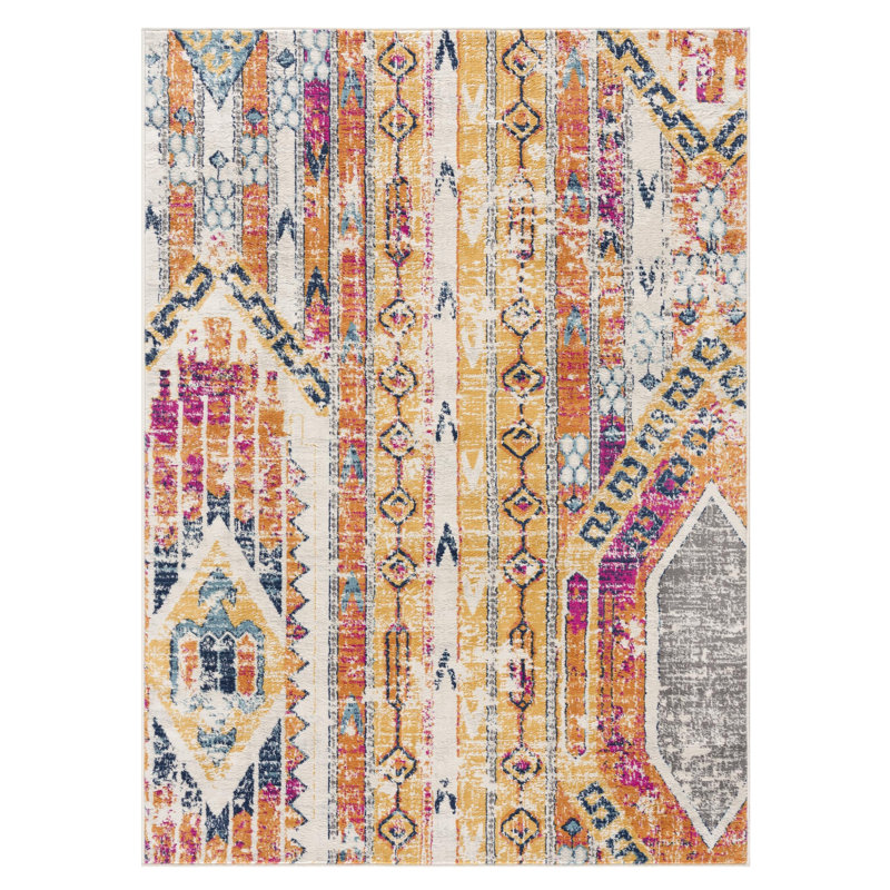 2' X 3' Yellow and Ivory Southwestern Distressed Area Rug