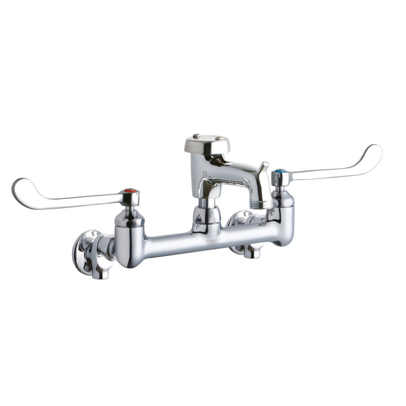 8" Centerset Wall Mount Faucet 3" Bucket Hook Spt 6" Wristblade Handles 1/2" Offset Inlets+Stop Polished Chrome