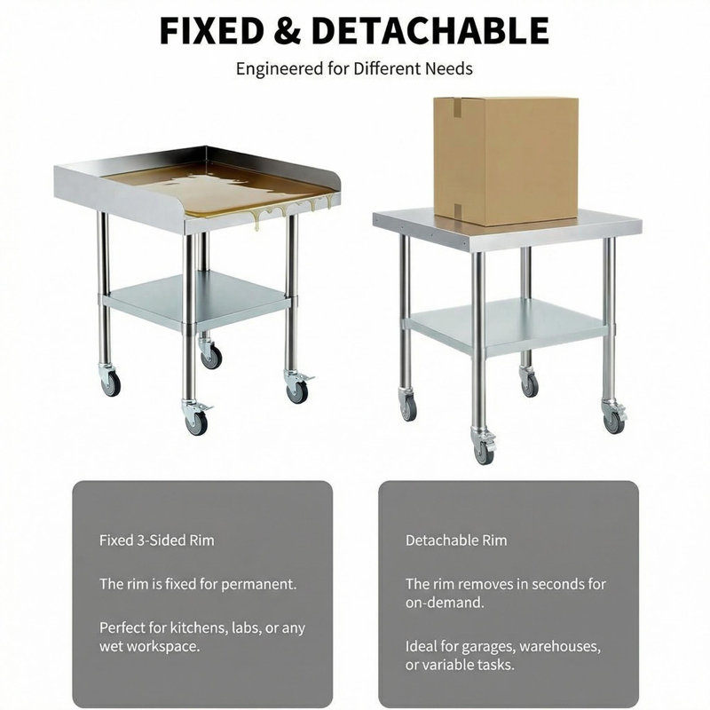 Table de travail en acier inoxydable avec roulettes, table de préparation commerciale 24 po x 36 po x 26 po avec dosseret détachable à 3 côtés et tablette réglable