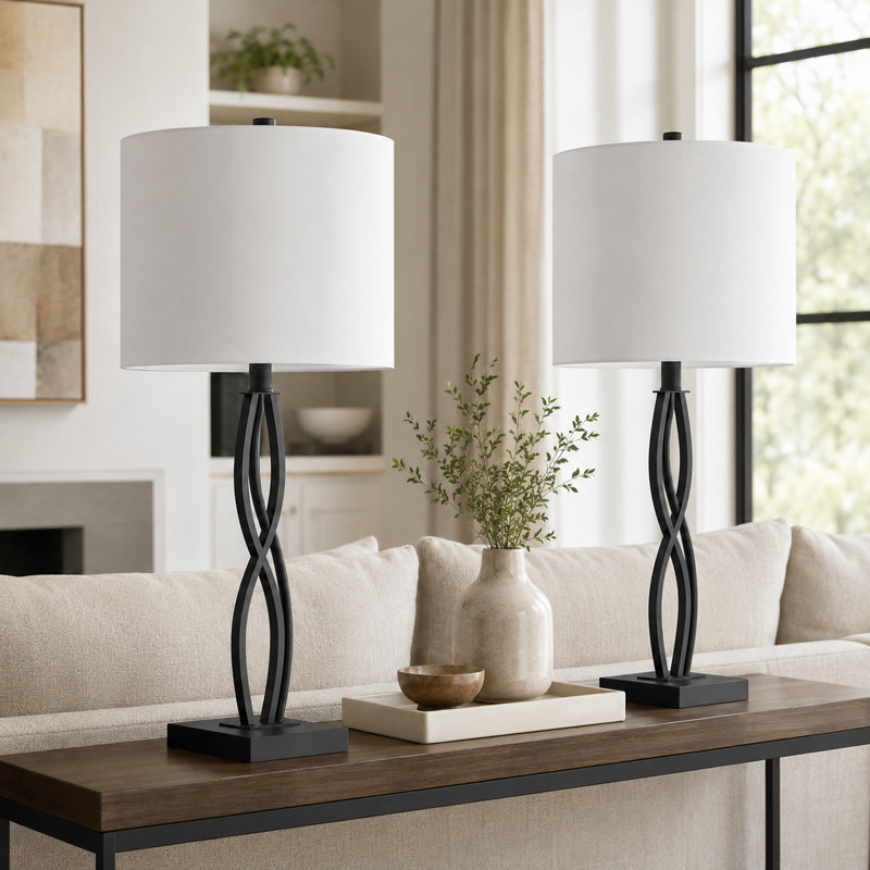 26" Modern Black Metal Table Lamp with  3 Way Dimmable Light and Linen Drum Shade, Black