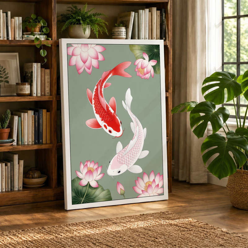 Koi and Lotus Japandi - Wrapped Canvas, 30x20 - 76.2 x 50.8 cm, Terracotta Border