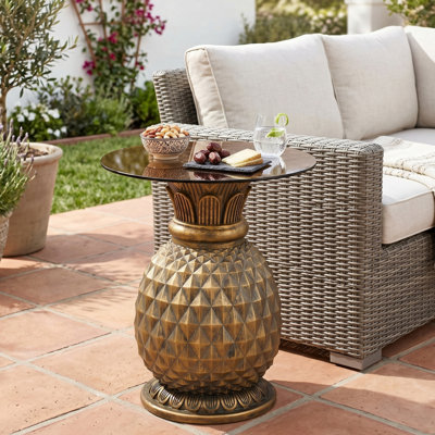 Solvara Tropical Pineapple MGO Side Table with Tempered Glass Top for Indoor and Outdoor Use