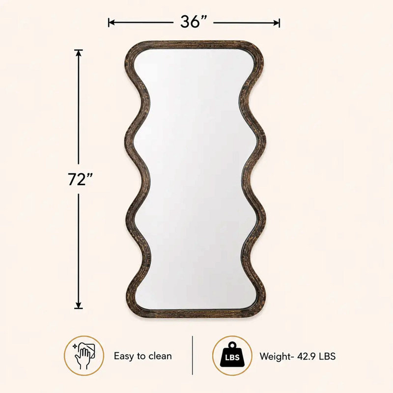 Miroir mural pleine longueur ondulé avec cadre en bois de manguier, 36 po x 72 po