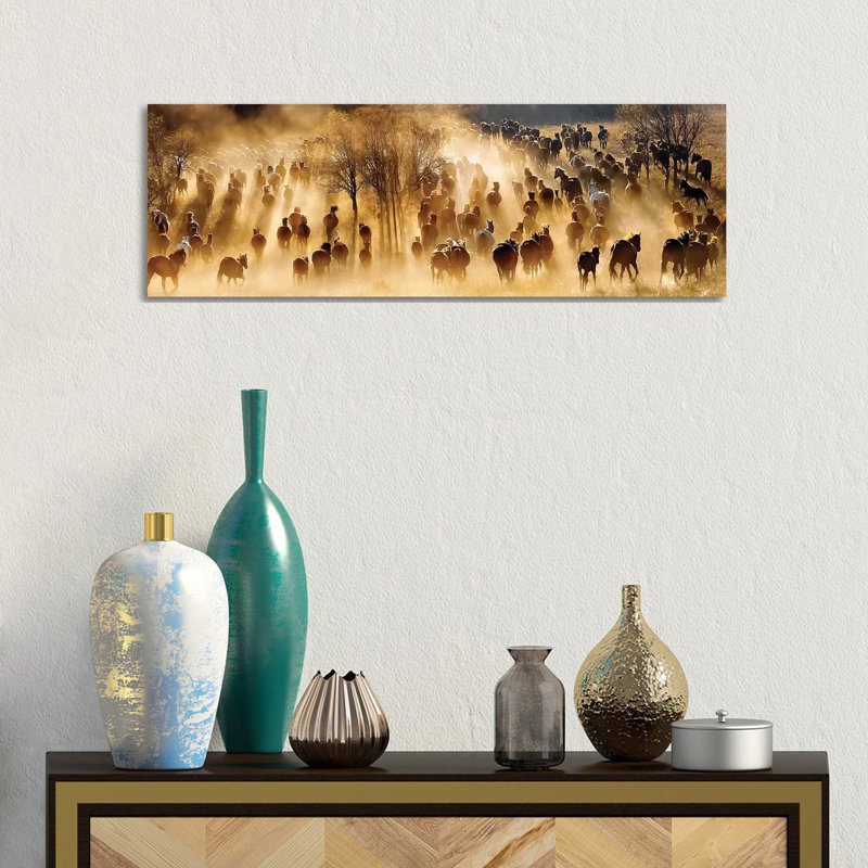 Horses by Hua Zhu - Wrapped Canvas Panoramic Painting, 30.48 cm H x 91.44 cm W x 1.91 cm D