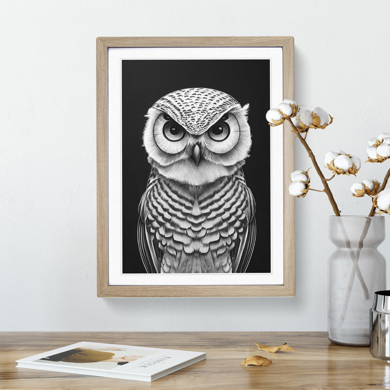 Owl Monochrome No.1 - Framed Print, 34cm H x 25cm W x 2cm D, Oak