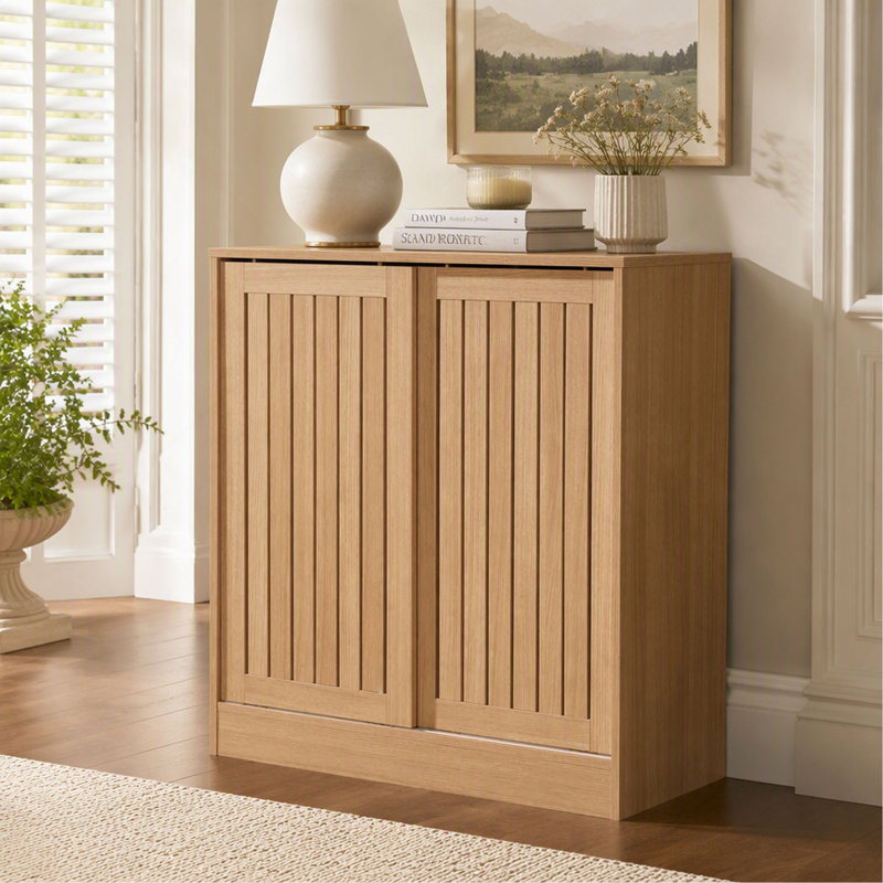 Meuble à chaussures avec portes coulissantes ajourées et 4 tablettes amovibles pour l'entrée, Natural