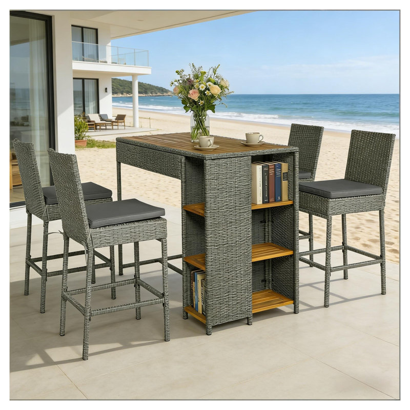 Ensemble de bar 5 pièces pour l'extérieur avec plateau en bois d'acacia et 4 tabourets de bar, gris, Gray/Brown