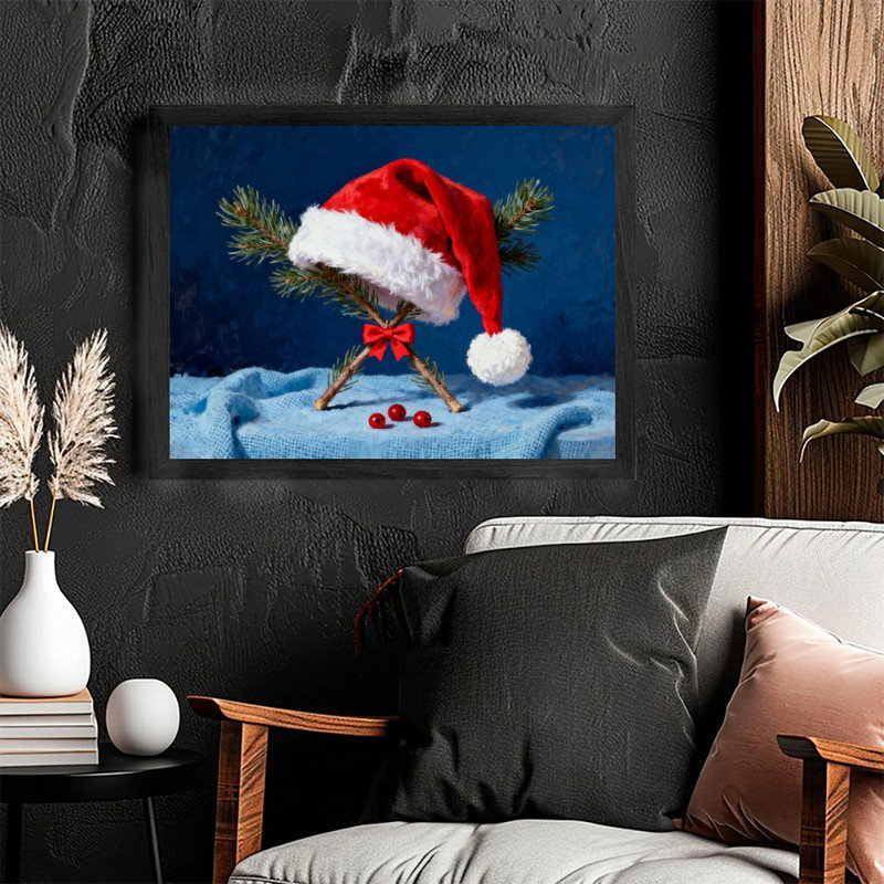 Reproduction d'art encadré noir, nature morte, chapeau de père Noël rétro, H 13 po x l 17 po