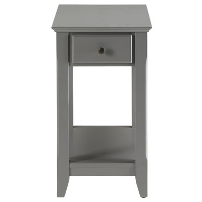 Table d'appoint grise avec tablette inférieure ouverte et pieds rectangulaires avec rangement