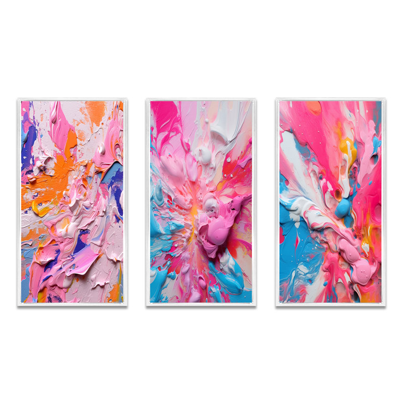 "Explosions de couleur rose et orange", 3 pièces sur toile, Cadre flottant blanc, H 28 po x l 36 po