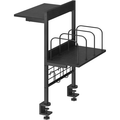 Clamp on Desk Shelf, 2 Tier Desk Storage Organizer, Desktop Bookshelf with Hooks and Divider, Desk Accessories for Study and Gaming Room