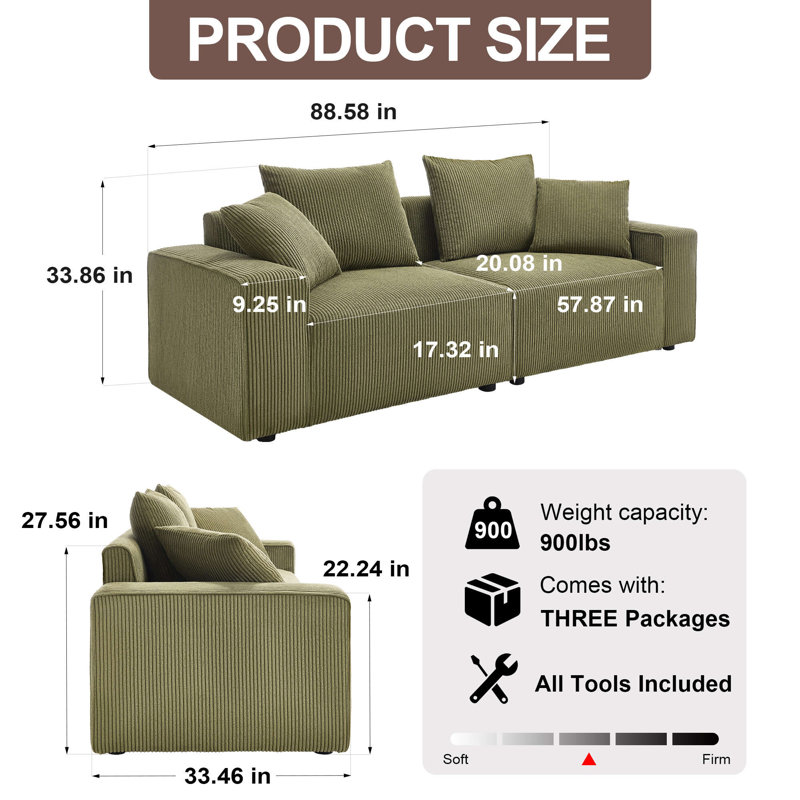 88.58'' Uphostery Sofa with Square Arms, Green Corduroy