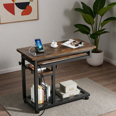 Table d'appoint avec roulettes, table mobile en C durable, bureau étroit, station de charge pratique