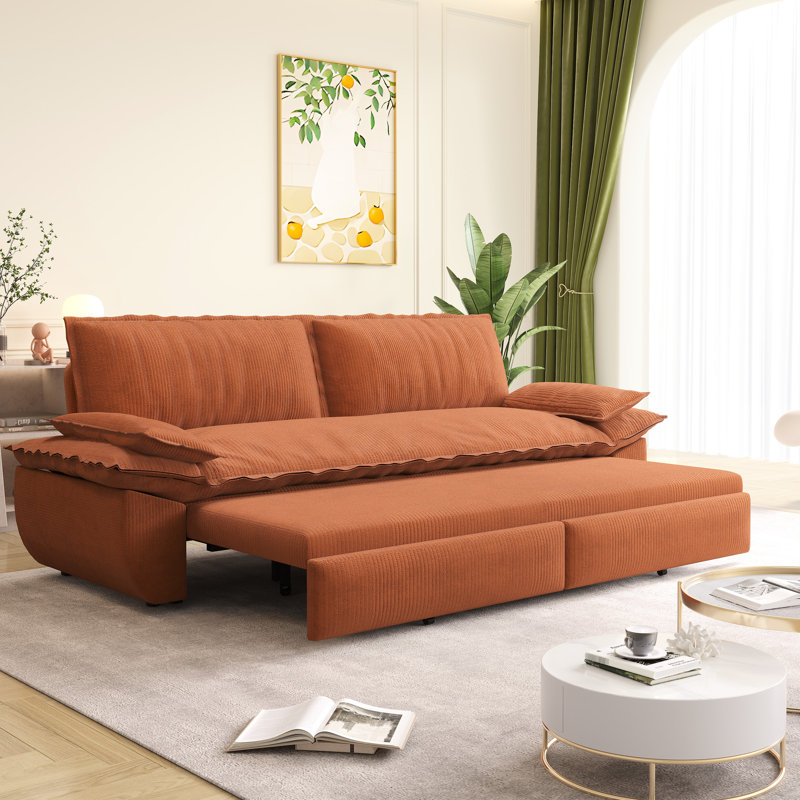 Lit convertible Queen en velours côtelé orange, 73,2 po de hauteur, avec renforts doubles, tissu doux