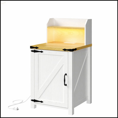 Table de chevet rustique avec station de charge, tablette réglable et porte de grange pour chambre à coucher et salon