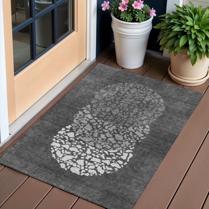 Tapis extérieur lavable abstrait gris anthracite et argent 3 pi x 5 pi