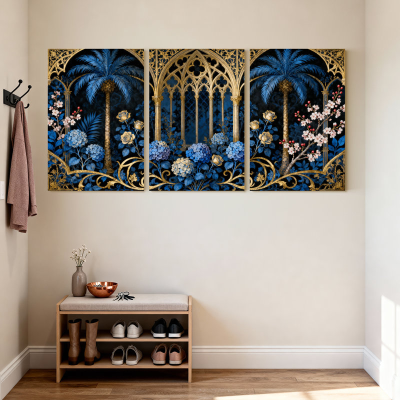 Plantes et fleurs, arche gothique avec ensemble de 3 impressions murales sur toile, H 24 po x l 16 po