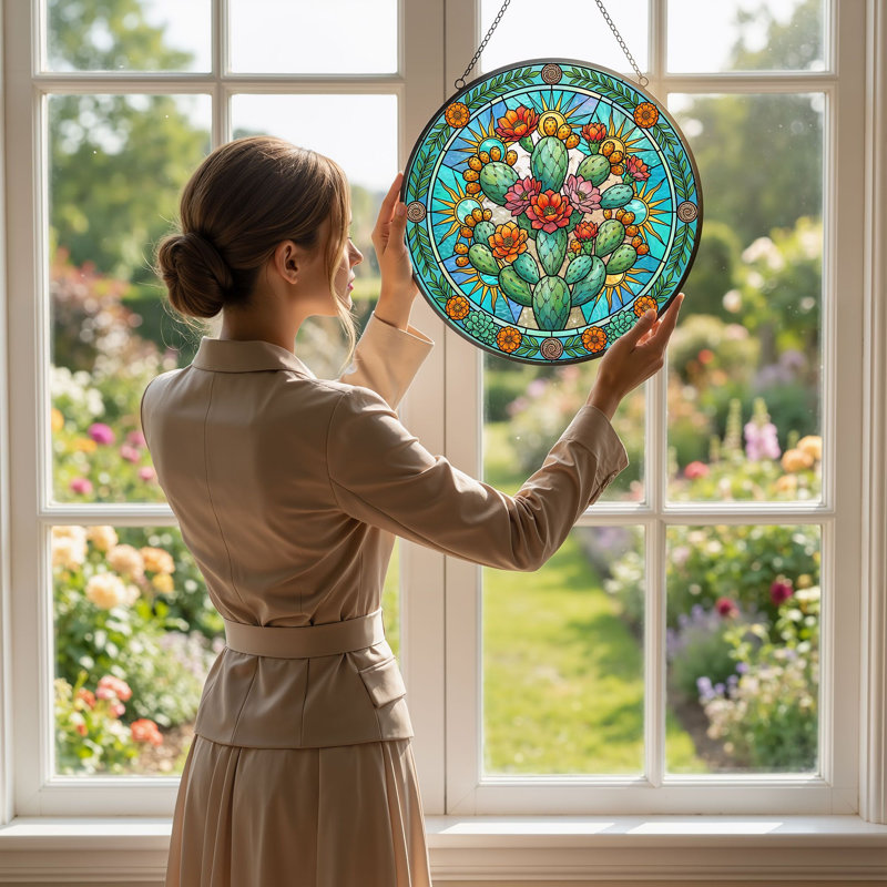 Cactus Flower Stained Glass Window Panel，7.8H, 7.8"H