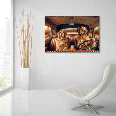 «Two Golden Retriever Dogs in Vintage Car» par Rey Klimt, art mural en verre acrylique