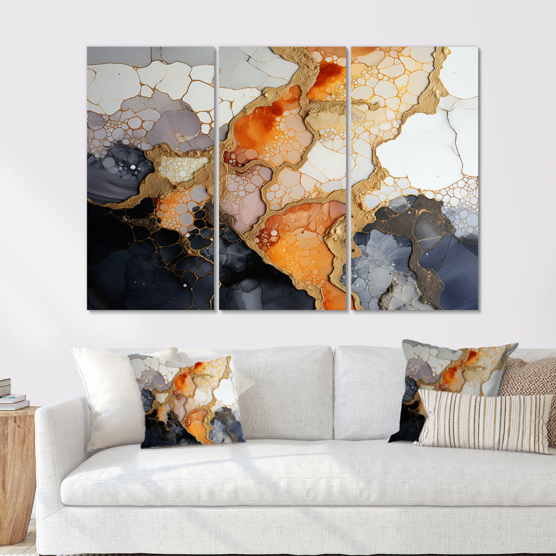 «Slab Structures» - ensemble d'art mural en marbre orange, blanc et noir, Toile tendue, H 32 po x l 48 po x P 1 po