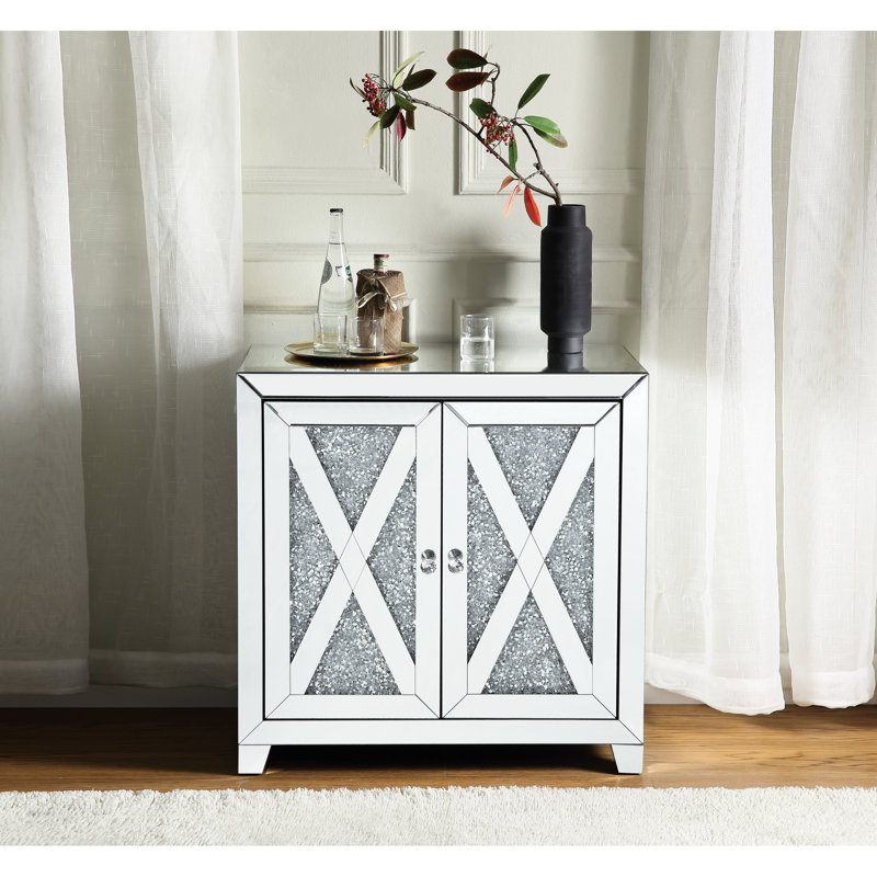 Console en miroir avec façade en faux diamants, 2 portes de rangement, pieds fuselés, verre trempé de 4 mm, table à garniture de 32 po, garniture en forme de «X», large