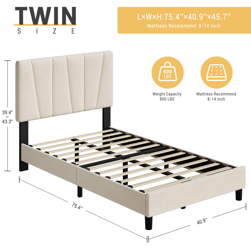 Bed Frame With Headboard Adjustable, Linen Upholstered Platform Bed With Headboard, Beige, Twin