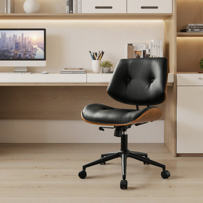 Mid-Century Modern Adjustable Office Chair with Faux Leather Seat and Wood Back, Adjustable Swivel Rolling Base