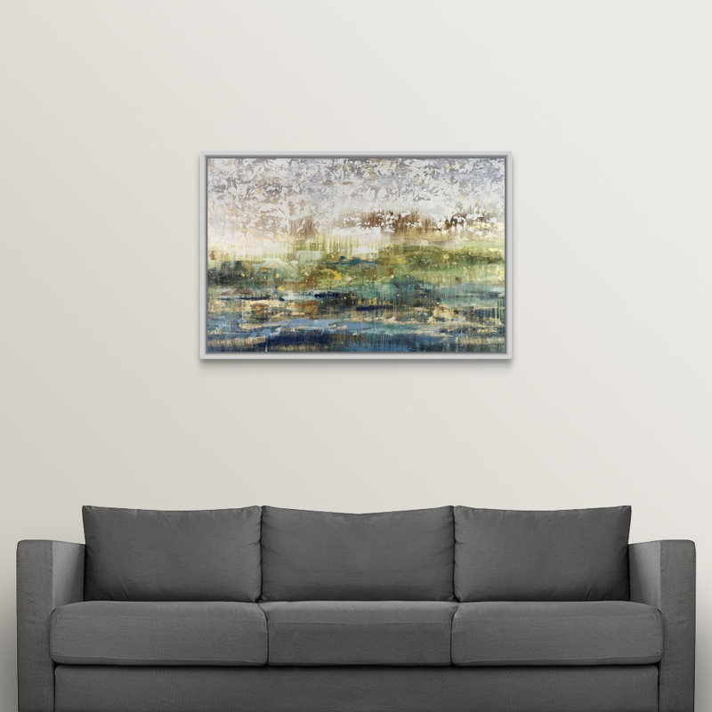 «Emerald and Aqua», peinture sur toile, H 33,7 po x l 49,7 po x p 1,75 po, Cadre flottant blanc
