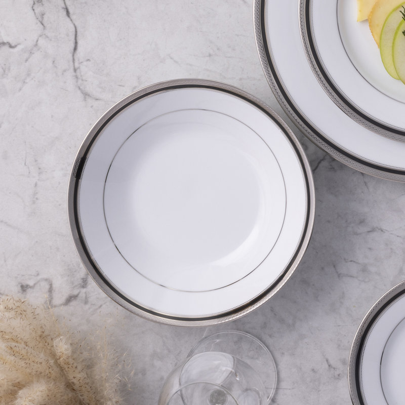 Austin Platinum 12-Piece White Porcelain Dinnerware Set with Metal Accents