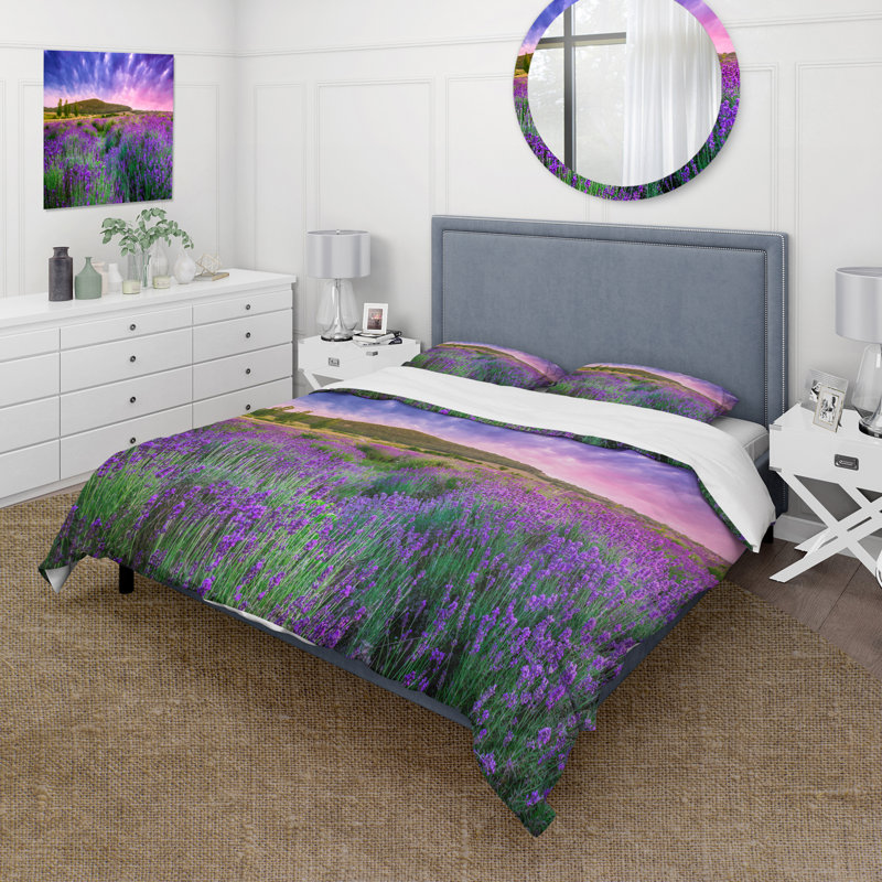 Ensemble de housse de couette campagnard Glorious Sunset Over Blossoming Lavender Field - Microfibre polyester
