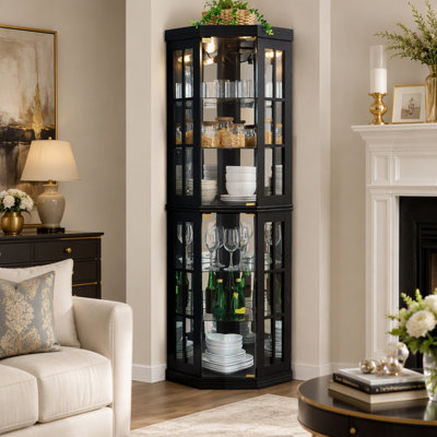 Meuble de coin moderne et minimaliste avec éclairage intégré, rangement pentagonal haut avec portes entièrement vitrées, présentoir autoportant pour salon et chambre.