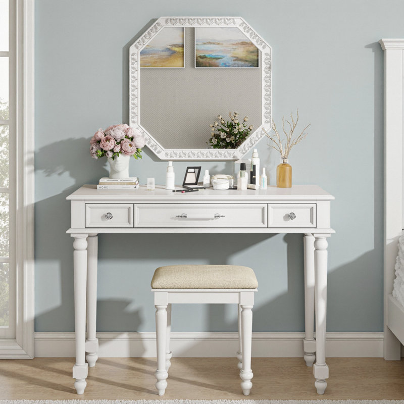Makeup Desk With Large Mirror, 3-Drawer Dressing Table For Jewelry Storage, Elegant Console Table For Bedroom, Living Room, Hallway & Foyer,White