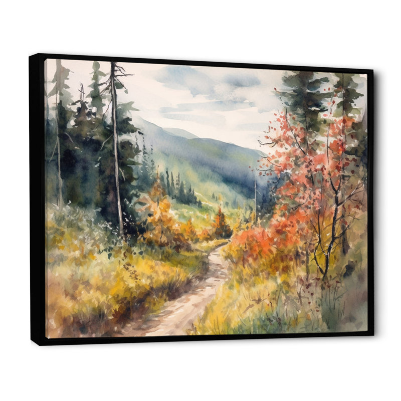 Petite route dans un paysage de montagne VII - forêt, art mural, H 24 po x l 32 po x P 1 po, Cadre flottant noir