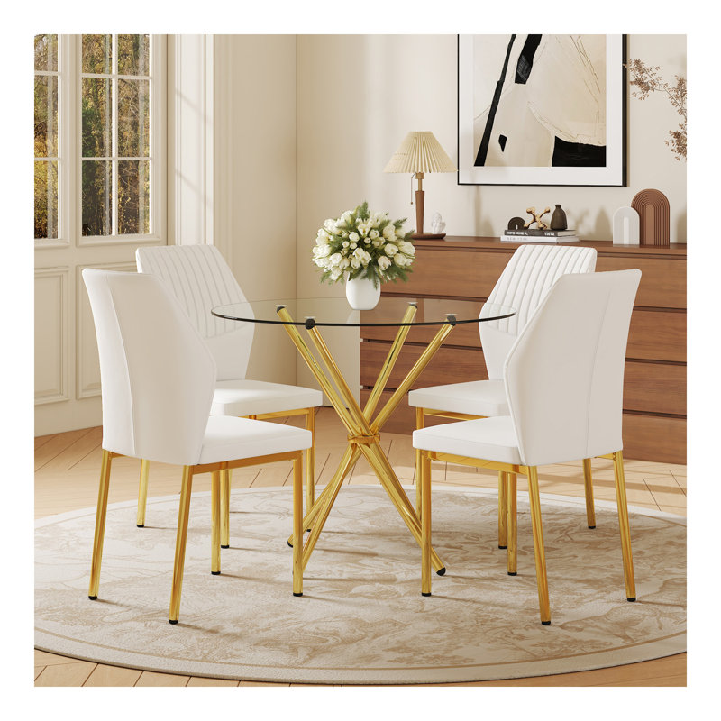 Ensemble de salle à manger 4 pièces avec table ronde en verre trempé de 36,6 po et chaises blanc-doré - Style moderne et luxueux pour le salon et la cuisine. Convient à divers styles de décoration intérieure.