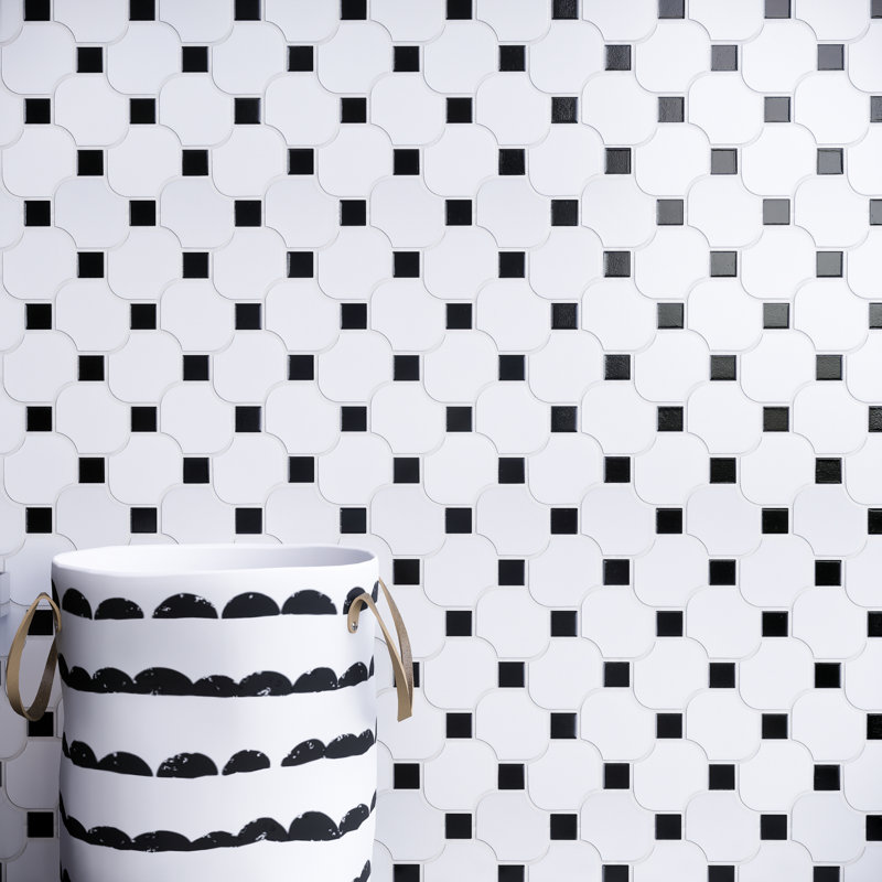 Supreme Tile Porcetile Dot 10.52 in. x 10.52 in. Geometric Matte Porcelain Mosaic Wall and Floor Tile, White/Black