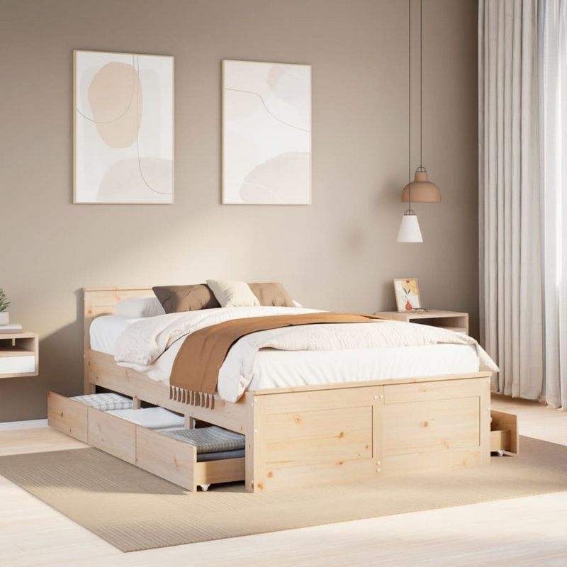 ClassicLiving Bed Frame Without Mattress With Headboard Solid Wood Pine, Brown, Double (4'6)