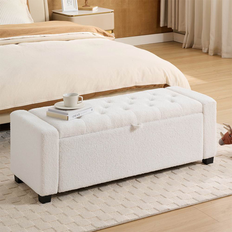 BANC DE RANGEMENT EN VELOURS OTTOMAN, Blanc peluche